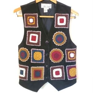 M Vintage 1990's Leather Suede Crochet Black Vest